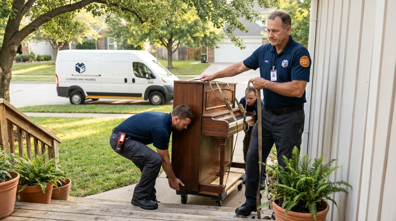 Licensed piano movers securing grand piano in Garrettsville, OH