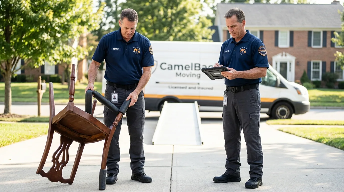 Movers inspecting furniture for damage prevention before loading in Garrettsville, OH