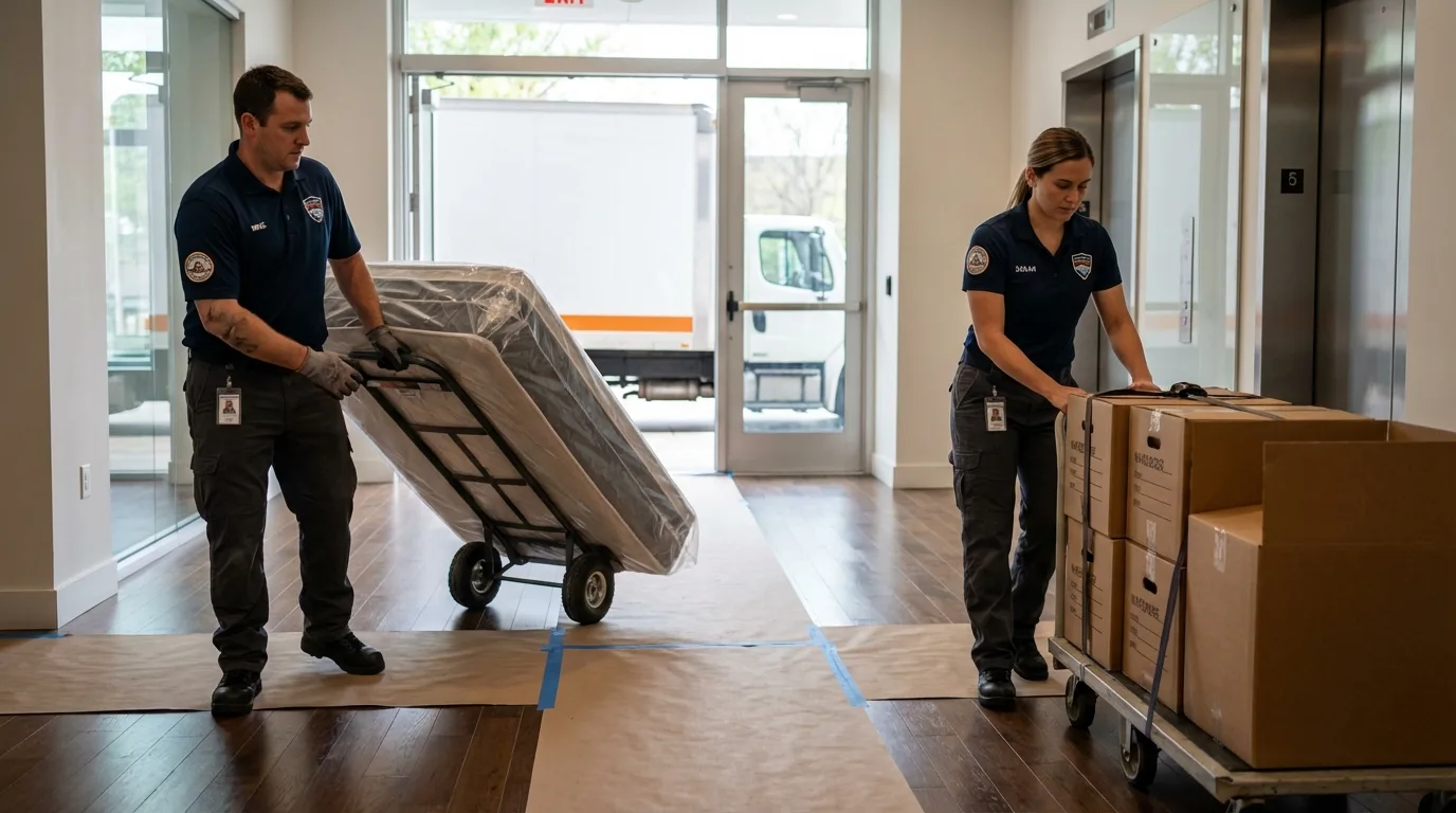 Professional apartment movers loading elevator in Garrettsville, OH