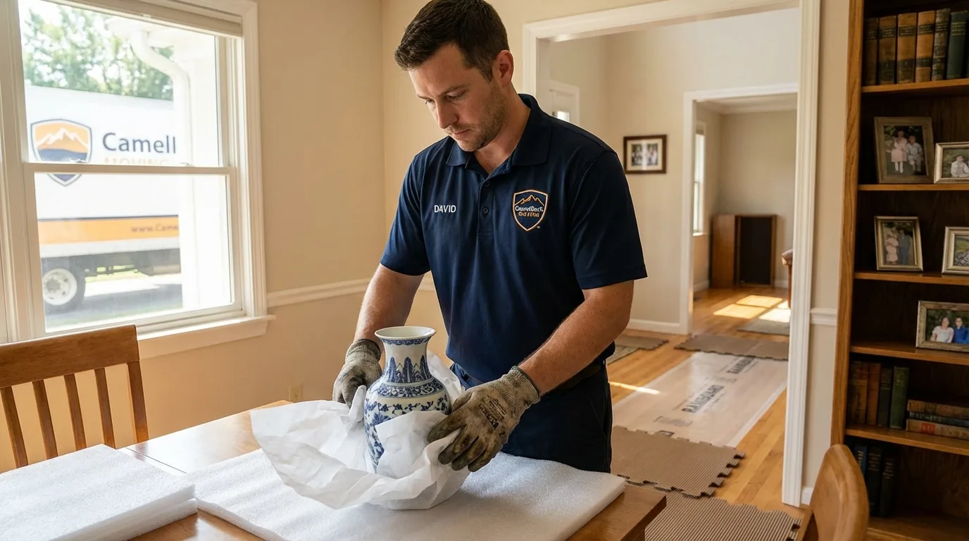 Professional crew carefully wrapping antique vase for senior downsizing move in Garrettsville, OH